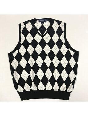 Polo Golf Ralph Lauren Sweater Vest Mens XL Black White Blue Argyle Cotton Silk